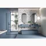 Gresie Portelanata Nuances Bianco Coccio Mat 80x80 cm – ambient baie, baie moderna cu perete terrazzo si dus sticla, pe pardoseala