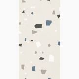 Lastra gresie Nuances Bianco Coccio Mat 120x280x0.6 cm – model terrazzo cu forme geometrice colorate pe fundal deschis
