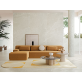 Gresie Ardesia Bianco Mat 80x80 cm – ambient living, living modern cu canapea portocalie si perete gresie mata, pe pardoseala