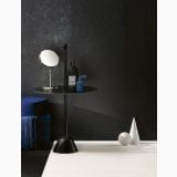 Gresie Concrete Black 120x120x0.6 cm – ambient dormitor, masuta neagra cu oglinda pe pardoseala gresie neagra