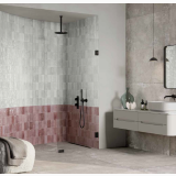Faianta ABK Poetry Colors Pearl Lucios Brick 7,5x15 cm – ambient baie, baie cu cabina de dus si faianta roz alb, pe perete