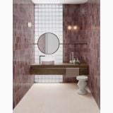 Faianta ABK Poetry Colors Blush Lucios 10x10 cm – ambient baie, baie roz cu oglinda rotunda si blocuri sticla, pe perete