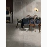 Gresie Ghost Rope Mat 60x120 cm – ambient living, living cu masa lemn si perete decorat gresie, pe pardoseala