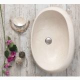 Lavoar Piatra Boule Bej 40x60 cm – detaliu, lavoar oval piatra pe lemn vechi cu flori