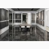 Gresie HBO 8 Noisette Lucios 60x60 cm – ambient comercial, showroom cu pardoseala lucioasa gri inchis si panouri decorative