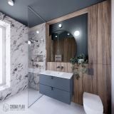 Gresie ABK Breccia Melange Lucios 120x280 cm – ambient baie, baie eleganta cu marmura, lemn si cabina dus sticla, pe pardoseala