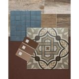 Gresie Portelanata Decorata Manchester 20x20 cm – colaj mostre gresie decorativa, mozaic albastru si palete culori maro