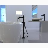 Baterie Cada Freestanding Paffoni Light Finisaj Negru Mat – ambient baie, baterie neagra montata pe pardoseala langa cada alba