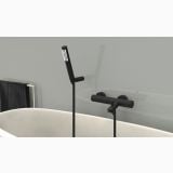Baterie Cada Paffoni Light Negru Mat cu Canula si flexibil – ambient baie, baterie cada negru mat montata pe perete gri