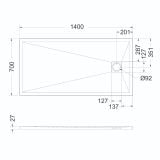 Cadita Dus Compozit Forma Negru 140x70 cm – schita tehnica, desen tehnic cadita cu dimensiuni si pozitie scurgere