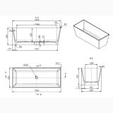 Cada Freestanding Cairo 159x65 cm – schita tehnica, desen tehnic cu dimensiuni cada dreptunghiulara