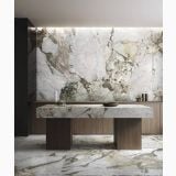 Gresie Piemme Stone Revolution Calacatta Iron 60x120 cm Satin – ambient living, masa marmorata cu perete si pardoseala asortate, decor cald