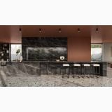 Gresie Calacatta Black Lucios 40x80 cm – ambient bucatarie, bucatarie moderna cu insula mare din marmura neagra, pe pardoseala si perete