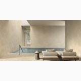 Lastra Gresie Calcis Crema Lucios 120x180x0,6 cm – ambient piscina, piscina interioara cu pereti crem si zona de relaxare, pe pardoseala si perete