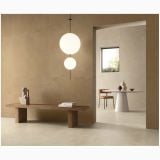Gresie de exterior Terre Canapa Antislip 80x80x2 cm – ambient living, living minimalist cu banca lemn si lampi sferice, pe pardoseala