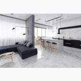 Gresie Carrara White Mat 60x60 cm – ambient living, living si bucatarie open space cu pardoseala marmorata