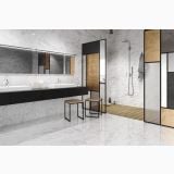 Gresie Carrara White Mat 60x60 cm – ambient baie, baie moderna cu dus, marmura alba si accente aurii, pe pardoseala