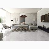 Gresie Carrara White Mat 60x60 cm – ambient living, living modern cu canapea gri si pereti marmura, pe pardoseala si perete