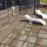 Gresie de Exterior Imitatie Lemn HDV 209 Noce 60x60x2 cm – ambient terasa, terasa exterioara cu sezlonguri albe si gresie lemn, pe pardoseala
