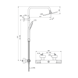 Coloana Dus cu Termostat Ideal Standard Ceratherm T100 – schita tehnica, desen tehnic cu dimensiuni ale coloanei de dus
