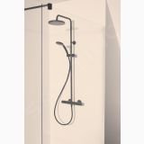 Coloana Dus cu Termostat Negru Ideal Standard Ceratherm T25 – ambient baie, coloana dus neagra montata pe perete cabina sticla