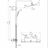 Coloana Dus cu Termostat Ideal Standard Ceratherm T50 – schita tehnica, desen tehnic cu cote pentru coloana dus termostat