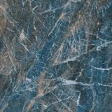 Gresie Blu Saint Laurent Lucios 120x120 cm – detaliu, textura marmorata albastru cu vinisoare aurii si albe