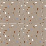 Gresie Nuances Cipria Coccio 80x80 – model terrazzo repetat cu forme colorate pe fundal bej