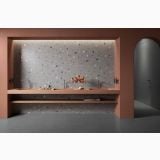 Gresie de Exterior Nuances Cipria 80x80x2 cm – ambient baie, baie moderna cu blat dublu chiuveta si perete terrazzo, pe pardoseala