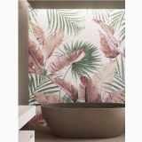 Gresie de exterior Nuances Cipria 60x120x2 cm – ambient baie, baie cu cada freestanding si perete tapet frunze tropicale