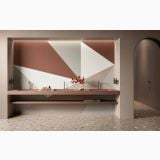 Gresie de exterior Nuances Cipria 60x120x2 cm – ambient baie, baie moderna cu pardoseala terrazzo si perete geometric colorat