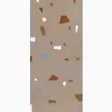Lastra gresie Nuances Cipria Coccio Mat 120x280x0.6 cm – model terrazzo cu forme colorate pe fundal bej