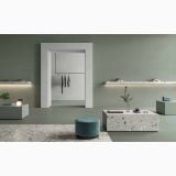 Gresie de Exterior Nuances Grigio Coccio 80x80x2 cm – ambient comercial, spatiu comercial minimalist cu pardoseala terrazzo si pufuri turcoaz