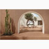 Gresie de exterior Terre Cotto Antislip 80x80x2 cm – ambient terasa, terasa cu arcada, cactus, masuti si scaune din lemn, pe pardoseala
