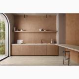Gresie de exterior Terre Cotto Antislip 80x80x2 cm – ambient bucatarie, bucatarie moderna cu pardoseala gri si perete teracota