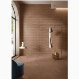Gresie de exterior Terre Cotto 60x120x2 cm – ambient living, living cu perete texturat maro si pardoseala teracota