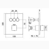 Baterie Incastrata Cada Dus Termostatata Paffoni Compact Finisaj Negru cu trei iesiri – schita tehnica, desen tehnic cu dimensiuni pentru baterie incastrata