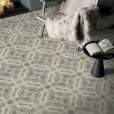 Gresie Decorata Play Concrete Retro B 20x20 cm – ambient living, living cu fotoliu, blana, masuta neagra si carte, pe pardoseala