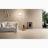 Gresie Quarry Crema Marfil 60x60x0.6 cm – ambient living, living cu canapea alba, perete si pardoseala crem