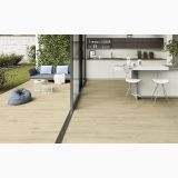 Gresie Portelanata iTiles Wood Line Crema 30x120 cm – ambient living, terasa si living cu bucatarie deschisa, gresie stil lemn, pe pardoseala