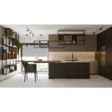 Gresie Abk Crystal Lucios 120x280x0,6 cm – ambient bucatarie, bucatarie moderna cu insula neagra si pardoseala gresie deschisa