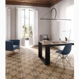 Gresie Intarsi Classic 01 20x20 cm – ambient living, birou cu fotoliu albastru si gresie decorativa florala, pe pardoseala