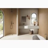Gresie Terre Bianco 30x60 cm – ambient baie, baie moderna cu cada freestanding si dus deschis, pe pardoseala