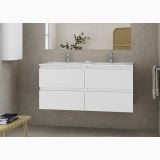 Set Mobilier Baie Suspendat Daily Alb Lucios cu 4 Sertare 120 cm – ambient baie, mobilier suspendat alb cu oglinda si lavoare duble, pe perete