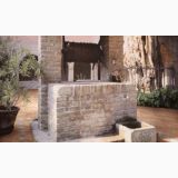 Gresie Exterior Imitatie Cotto Carpegna HRN11 Beige 30x30 cm – ambient exterior, curte cu fantana din caramida si pardoseala cotto