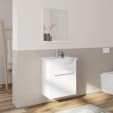 Mobilier Baie Suspendat Ready 60 cm Alb Lucios cu Lavoar si Oglinda