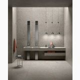 Gresie Portelanata Delconca HAU 5 Grey 60x120 cm – ambient baie, baie moderna cu blat dublu si iluminat suspendat, pe pardoseala si perete