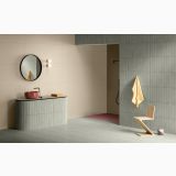 Gresie HBE 01 Soia Bioterre 80x80 cm – ambient baie, baie moderna cu cabina de dus si lavoar rotund, pe pardoseala si perete