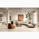 Gresie Portelanata Sensoria HSO 1 Naturale 60x120 – ambient living, living modern cu canapea alba si fotoliu portocaliu, pe pardoseala
