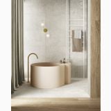 Gresie Lavaredo HLA 10 Framework 60x120 cm – ambient baie, baie minimalista cu cada rotunda si pereti gri, pe pardoseala si perete